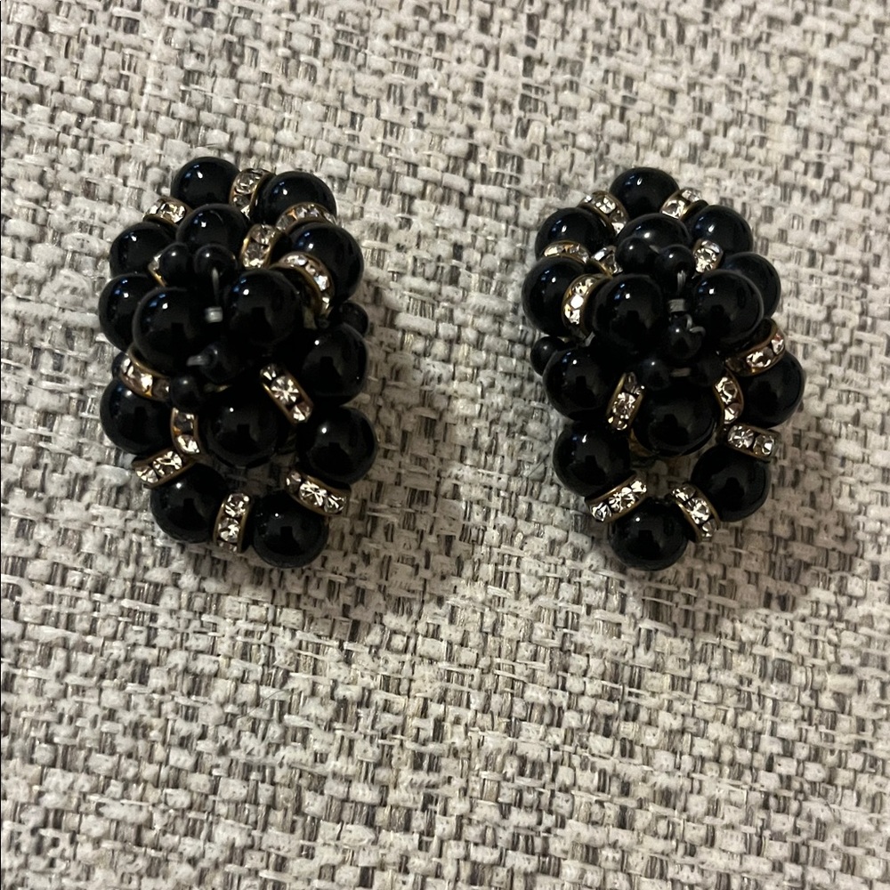 Black Bead Cluster‎ Clip On Earrings with Crystal Rondelles